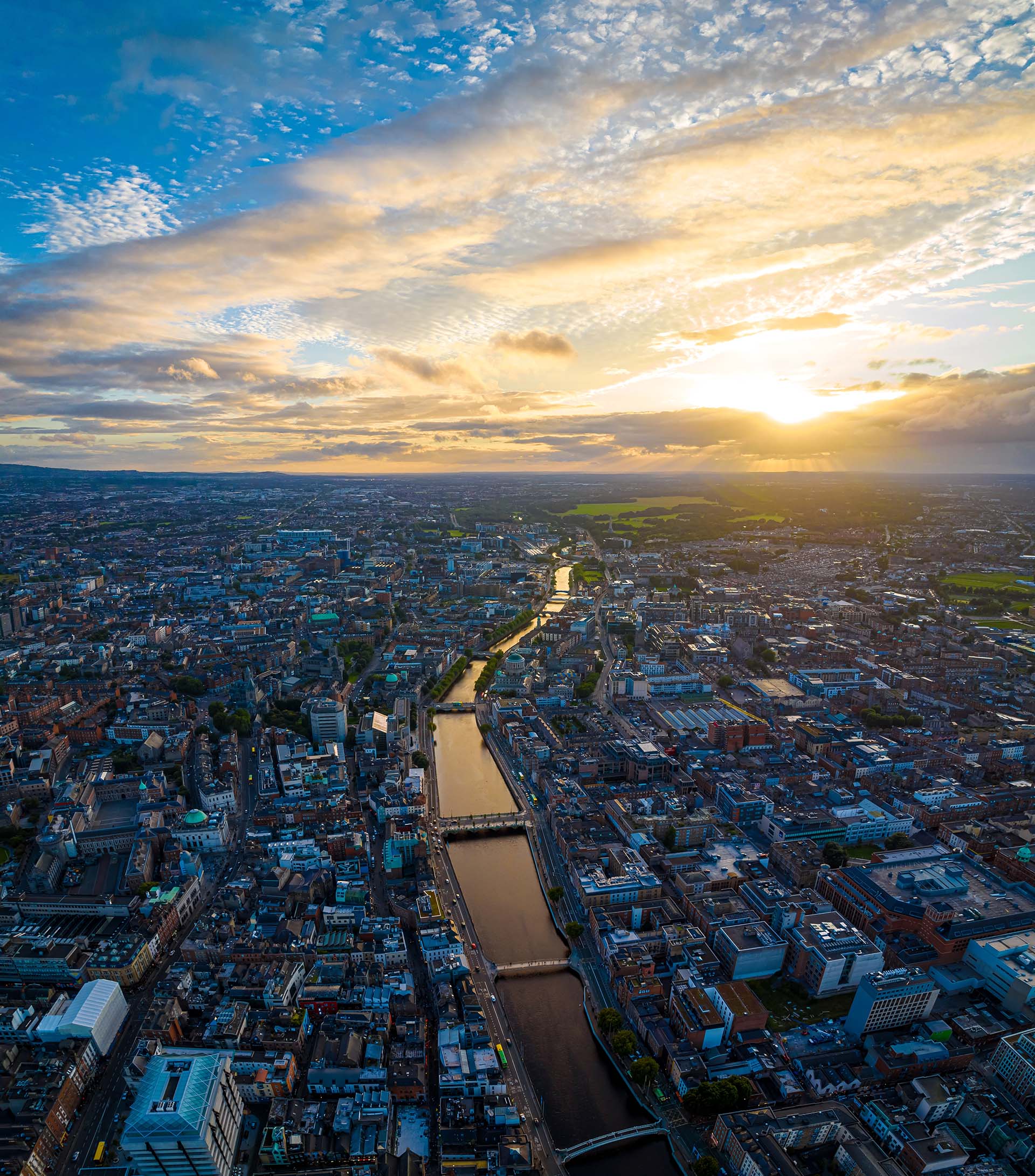 Aerial view of Dublin and river Liffey in summer, Ireland